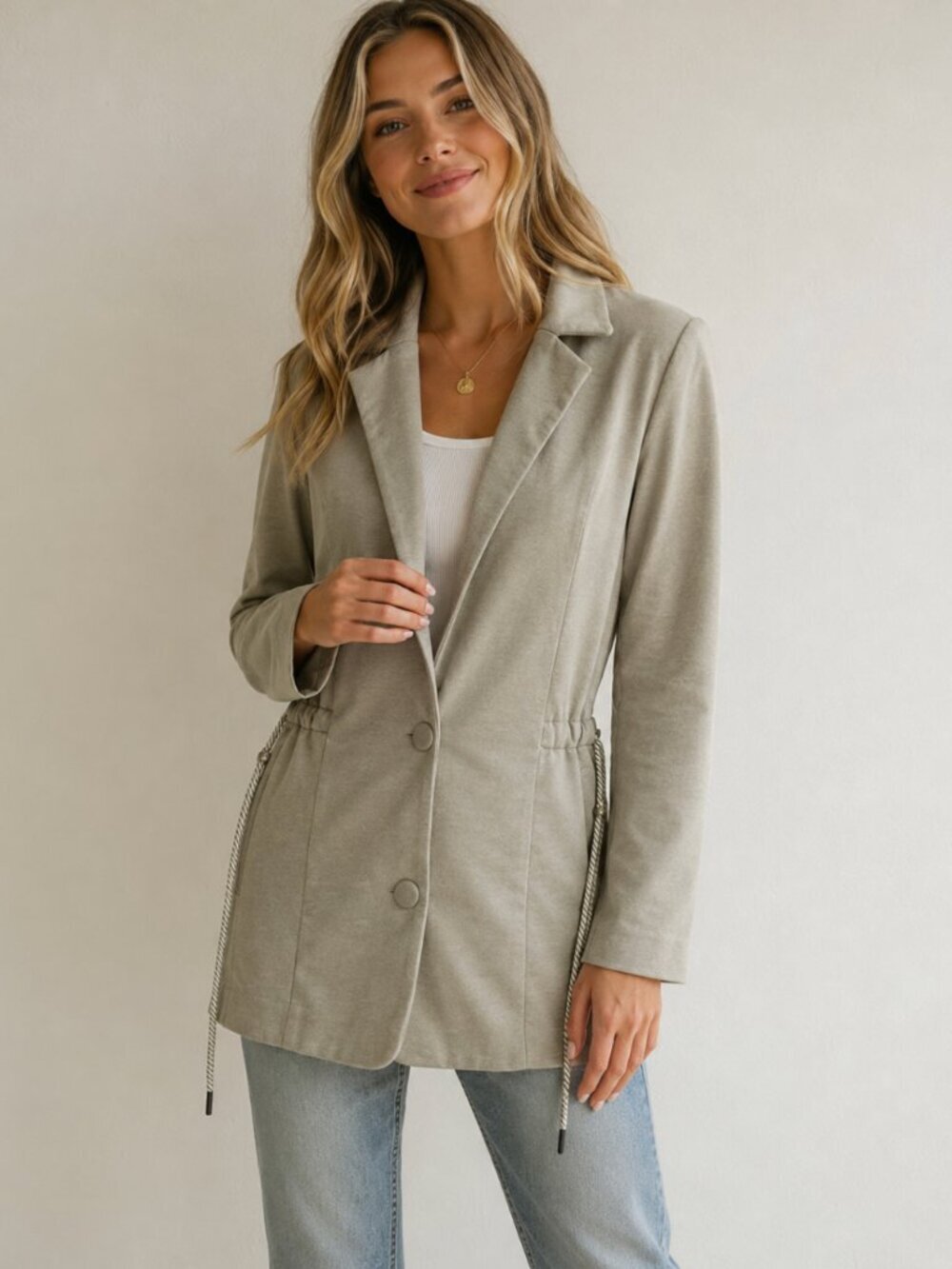 Ser.O.Ya Seroya Jacket Coat Collared Button Down Drawstring Waist Tan Beige XS